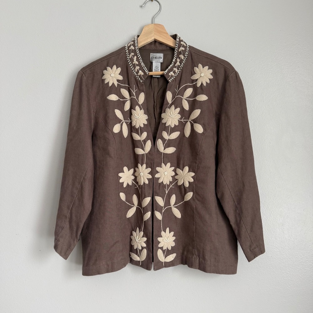 Chicos Sz 2 Brown Linen‎ Floral Embroidered Beaded Jacket Large Hook Eye Open